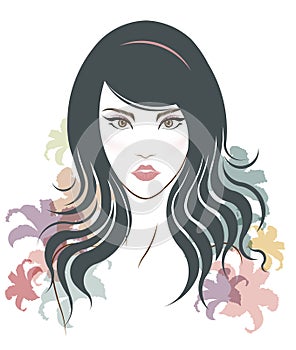 Long hair style icon, logo women face and flowers