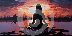 Long hair Woman in lotus pose in sillhouette practicing yoga in pastel colors