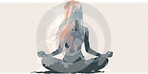 Long hair Woman in lotus pose in sillhouette practicing yoga in pastel colors