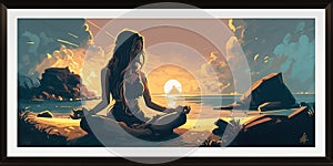 Long hair Woman in lotus pose in sillhouette practicing yoga in pastel colors