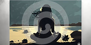 Long hair Woman in lotus pose in sillhouette practicing yoga in pastel colors