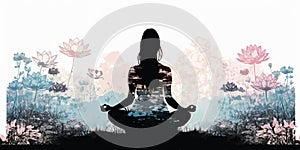 Long hair Woman in lotus pose in sillhouette practicing yoga in pastel colors