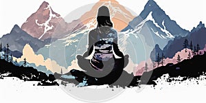 Long hair Woman in lotus pose in sillhouette practicing yoga in pastel colors