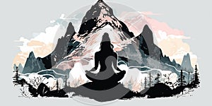 Long hair Woman in lotus pose in sillhouette practicing yoga in pastel colors