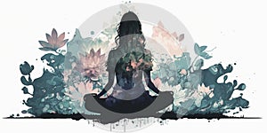 Long hair Woman in lotus pose in sillhouette practicing yoga in pastel colors