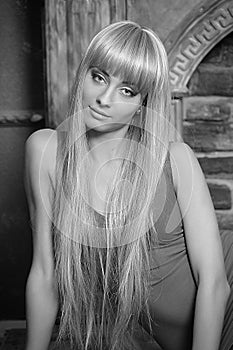 Long-haired blonde black and white portrait