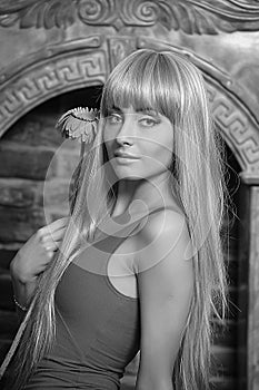 Long-haired blonde black and white portrait