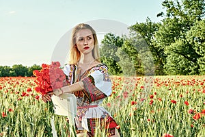 Long-haired blonde young woman in a white short dress on a field of green wheat and wild poppies