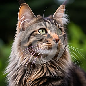 a long haired cat with green eyes looking off to the side