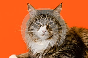 A long-haired cat on an orange background. A Maine Coon cat. Pets