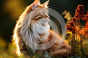 a long haired cat sitting in the grass