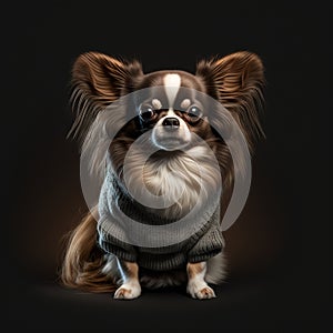 Long haired chihuahua chocolate brown and white, wearing a coat. Generative AI