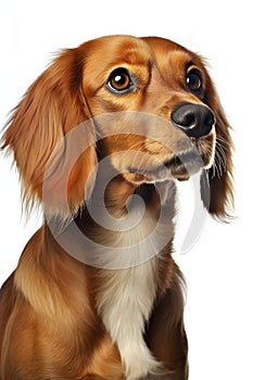 Long-haired Dachshund in front of a white background