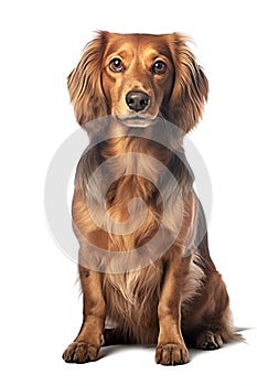 Long-haired Dachshund in front of a white background