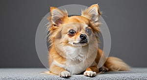 Long-haired Dog Relaxing Calmly on Soft Surface in Studio photo
