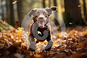 A long-haired dog runs in the autumn forest, yellow leaves fly