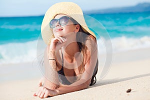 Long haired girl in bikini on tropical boracay