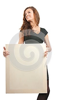 Long haired girl in holds an empty poster