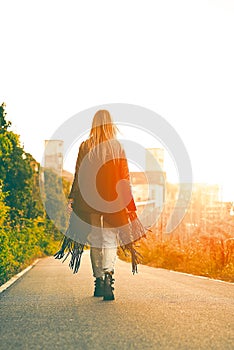 Long-haired girl walking