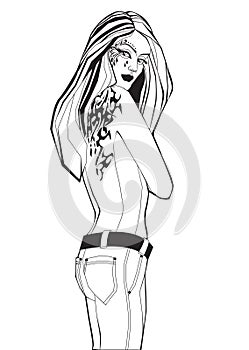 Long-haired half-naked girl with tattoos.vector illustration