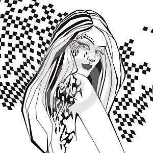 long-haired half-naked girl with tattoos.vector illustration