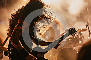 Long-haired rock musician with electric guitar playing in dark smoke with orange lighting.