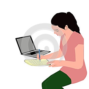 A Long-haired Woman with a laptop is jotting notes. photo