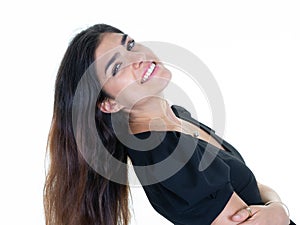 Long hairs young pretty fashion woman beautiful cute girl brunette profile posing in studio wall white background