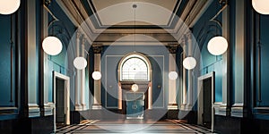 A long hallway with blue walls and white floors