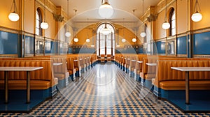 A long hallway or cafe with blue and orange booths, AI