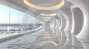 A long hallway with curved walls and windows overlooking the ocean, AI