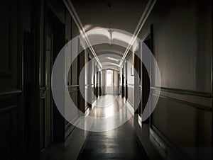 A long hallway with a light at the end of it. AI generative image.