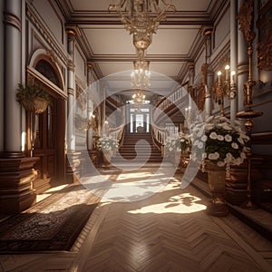 a long hallway with lots of flowers and chandeliers