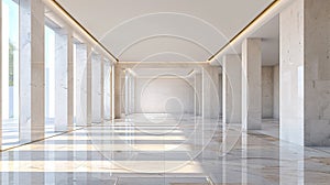 A long hallway with marble floors and windows on both sides, AI