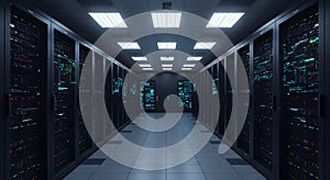 Server Room: Rows of Data Center Racks Illuminated