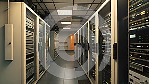 Long Hallway With Rows of Electronic Equipment