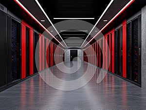 A long hallway with rows of servers in a server room