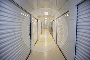 Long hallway of a self storage unit