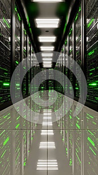 A long hallway in a server room with rows of servers