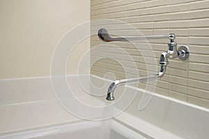 Long-handled Medical Hospital Wall Mounted Faucet on Pale Color Ceramic Wall