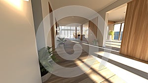 Long hardwoodfloored hallway with white walls in a real estate building