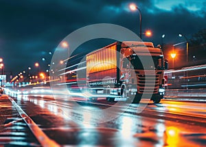 Long haul container truck carrying commercial cargo delivery between cities on a freeway