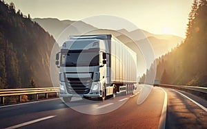 Long Haul Semi-Truck with Cargo Trailer Full of Goods Travels At Night on the Freeway Road