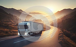 Long Haul Semi-Truck with Cargo Trailer Full of Goods Travels At Night on the Freeway Road