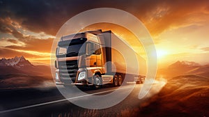 Long haul semi-truck on a deserted road at sunset. Road freight transport concept