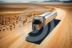 A long-haul truck driving through a vast desert landscape, with a shimmering mirage in the distance