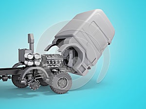 Long-haul truck engine and wheel repair 3d illustration on blue background with shadow