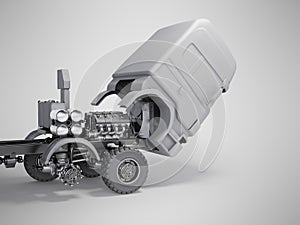 Long-haul truck engine and wheel repair 3d illustration on gray background with shadow