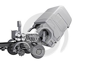 Long-haul truck engine and wheel repair 3d illustration on white background no shadow