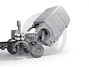 Long-haul truck engine and wheel repair 3d illustration on white background with shadow